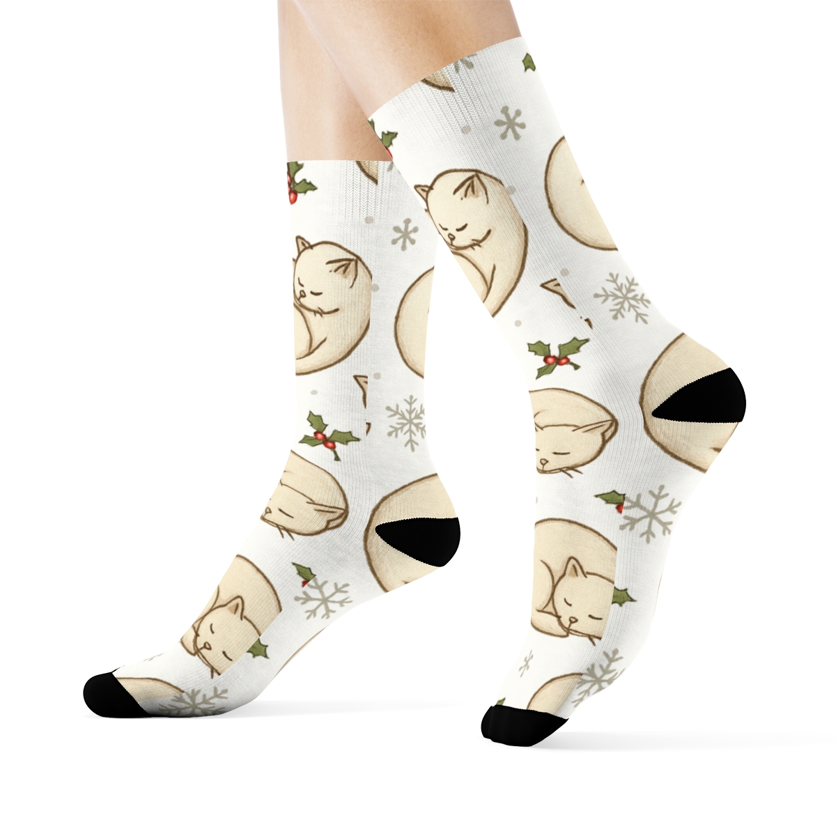 Sleeping Snow Cat Scatter On White Background premium sports crew socks