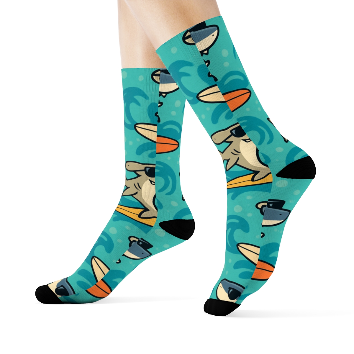 Tidal Grid Of Surfing Shark Characters unique graphic crew socks