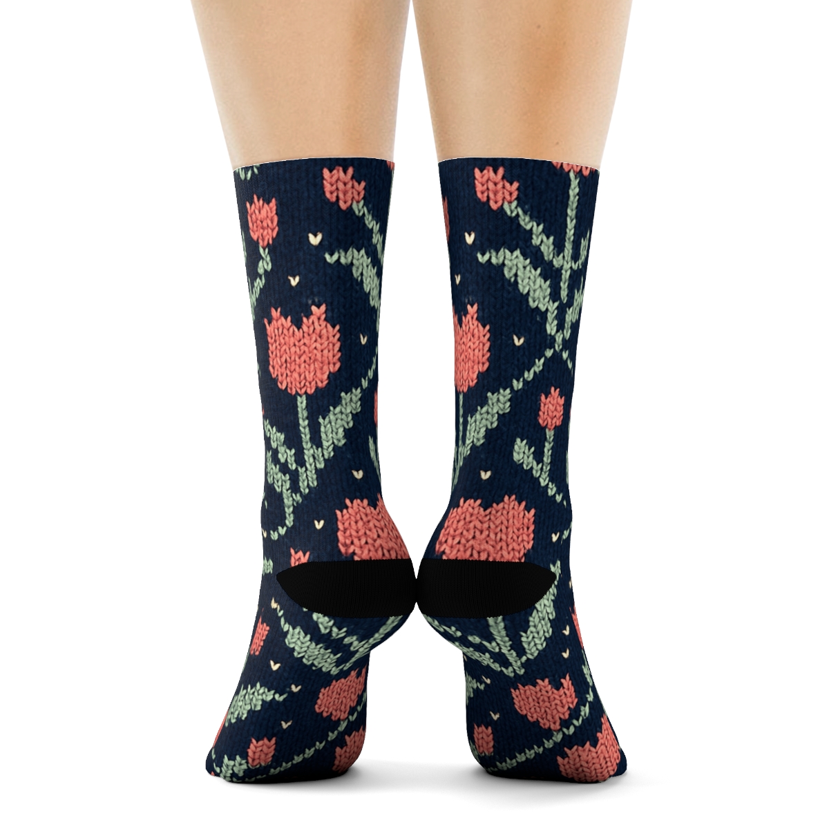 Tulip Knit Lattice On Navy Background comfortable cotton crew socks