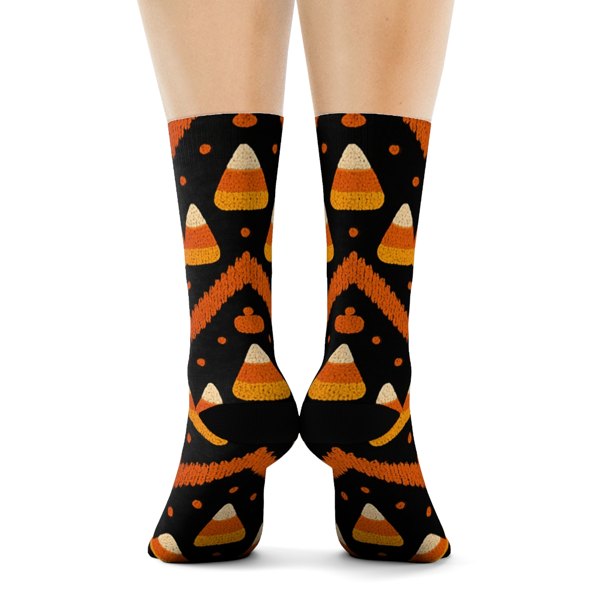 Orange Candy Corn Stack Chevron On Black Background designer printed crew socks