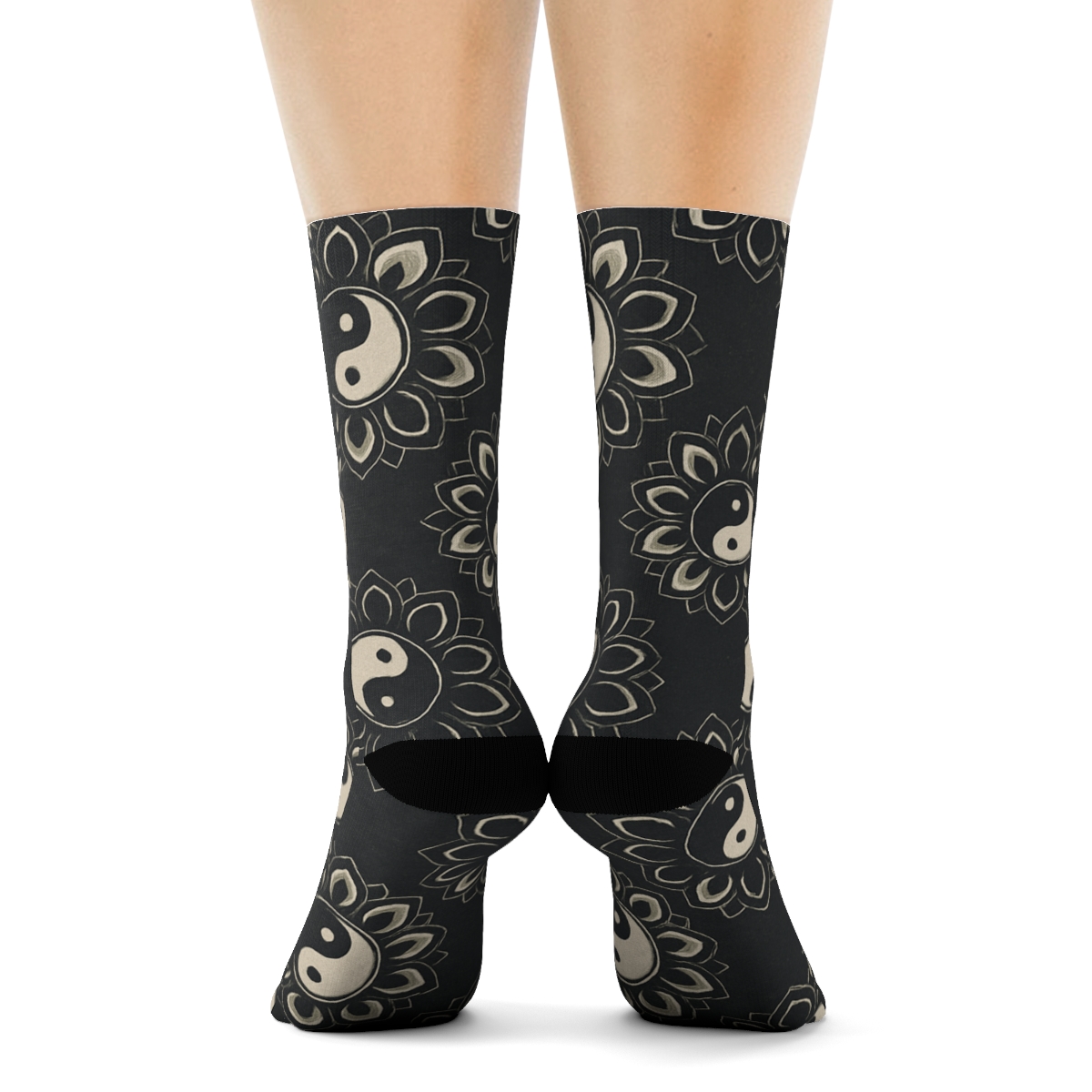 Silver Ink Taijitu Mandala Tiles On Charcoal premium sports crew socksSilver Ink Taijitu Mandala Tiles on Charcoal Crew Socks - Image 4