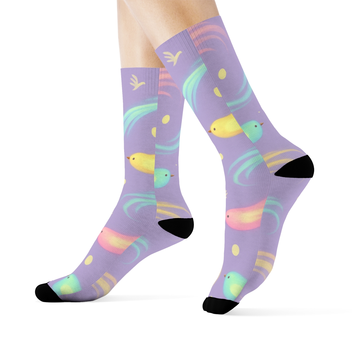 Fantasy Bird Comet Trail Scatter On Pastel Lavender comfortable cotton crew socks