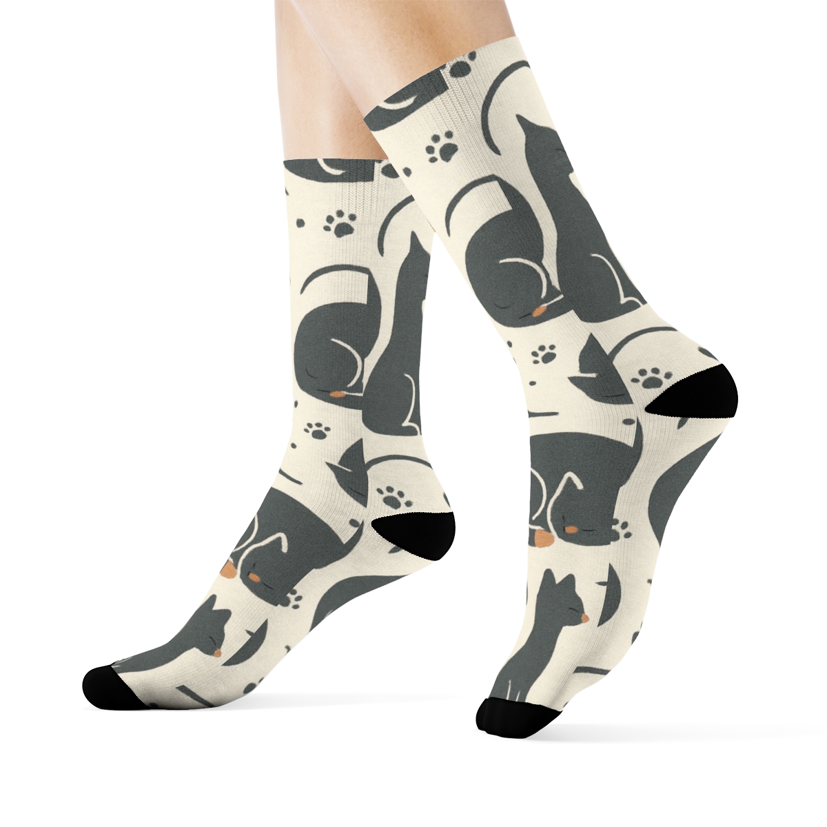 Midnight Cat Silhouette Quilt Tessellation trendy patterned crew socks