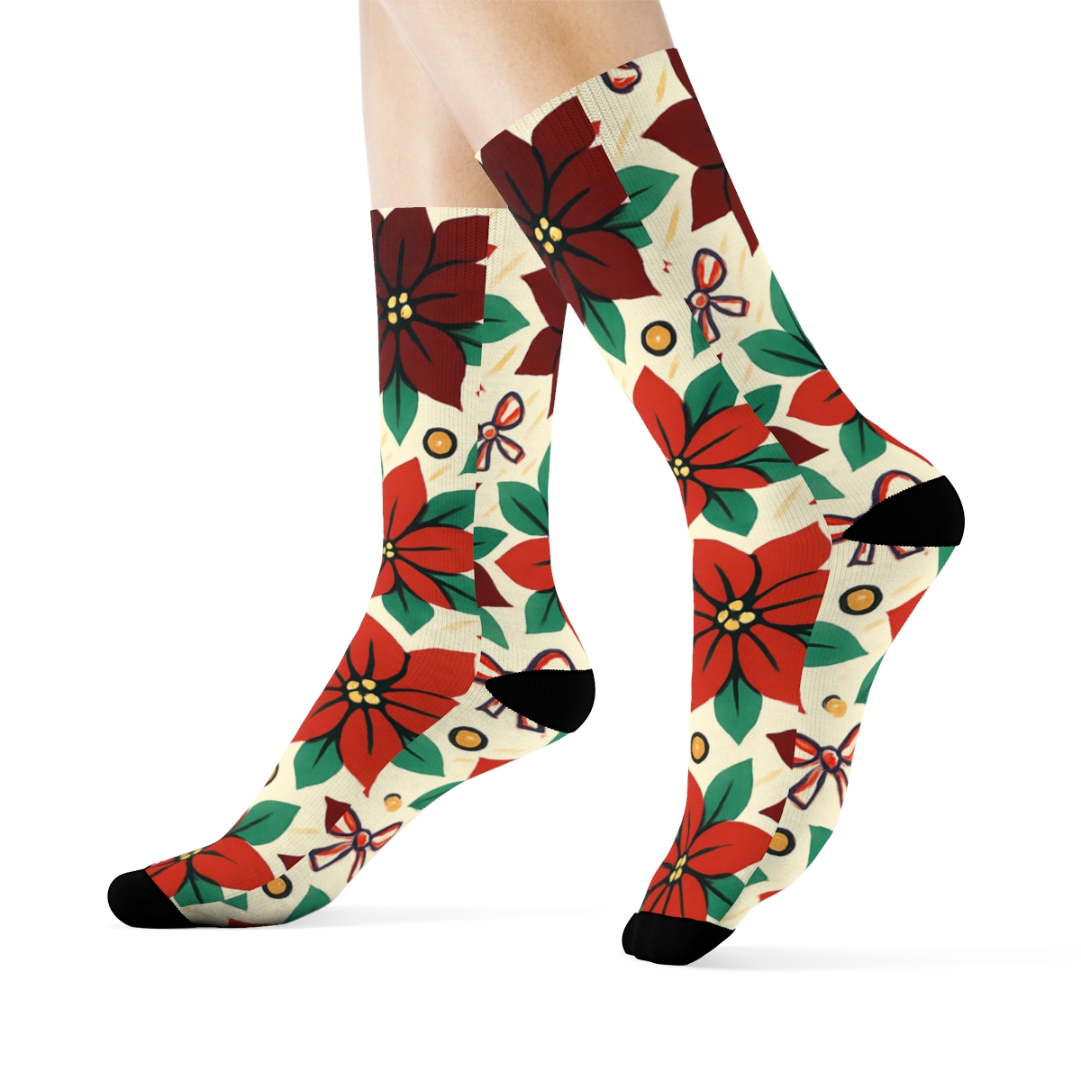Poinsettia Ribbon Swirl Scatter On Warm Ivory Background trendy patterned crew socks