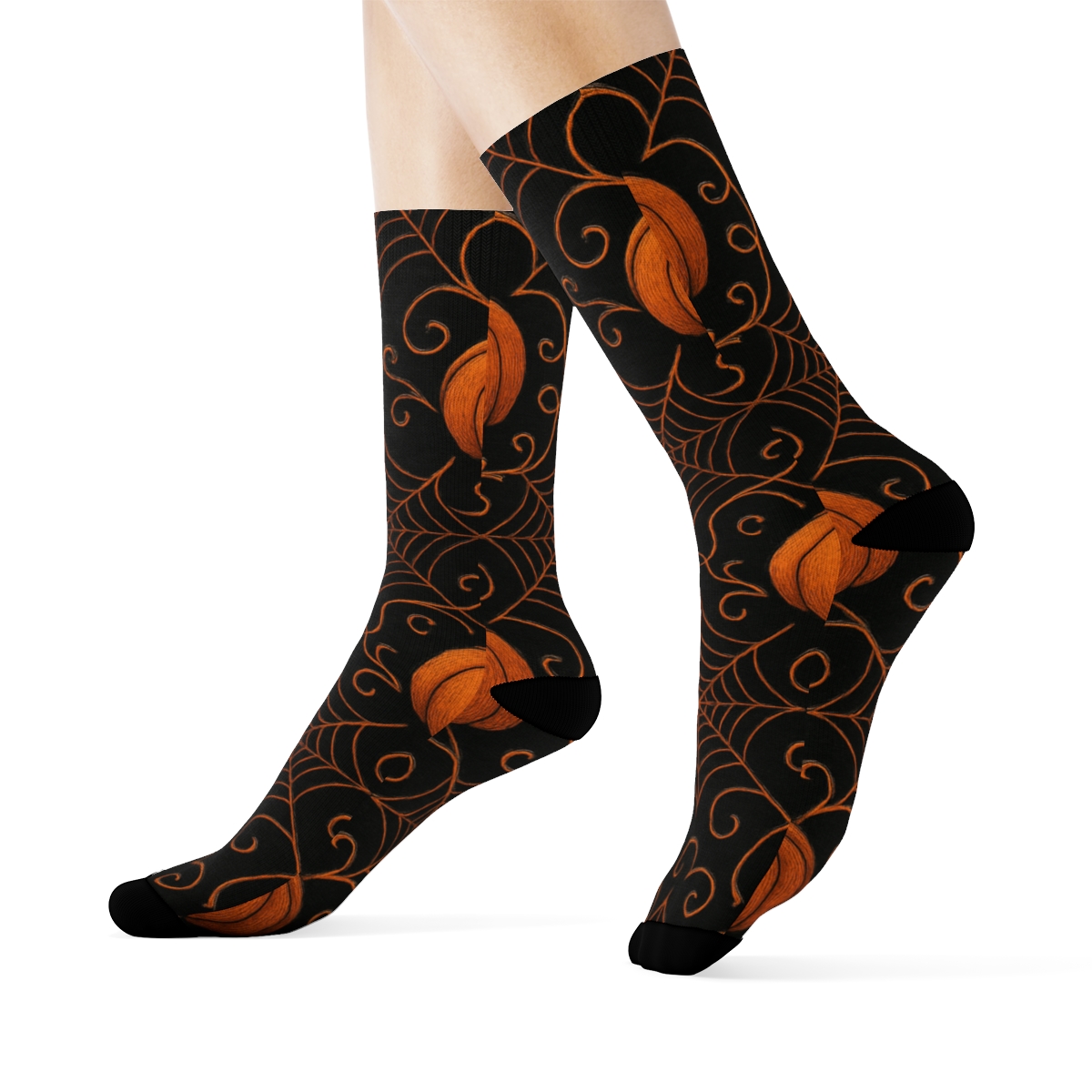 Pumpkin Vine Trellis And Web Overlay On Black Background comfortable cotton crew socks