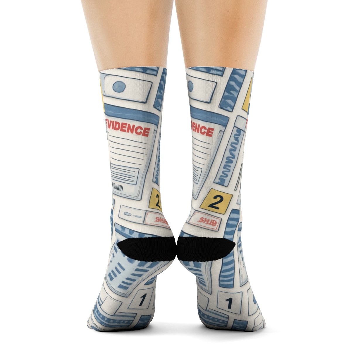 Evidence Collage Pattern With Forensic Scientist Spotlight trendy patterned crew socks