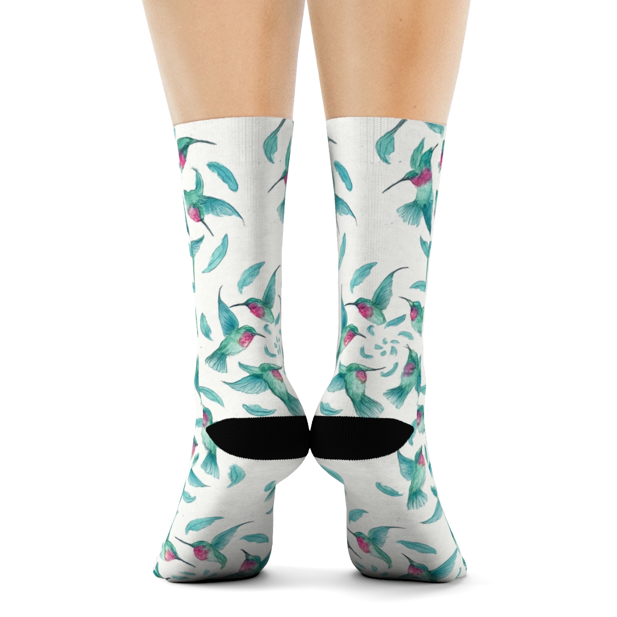 Watercolor Hummingbird Spiral Rosettes On White Background unique graphic crew socks