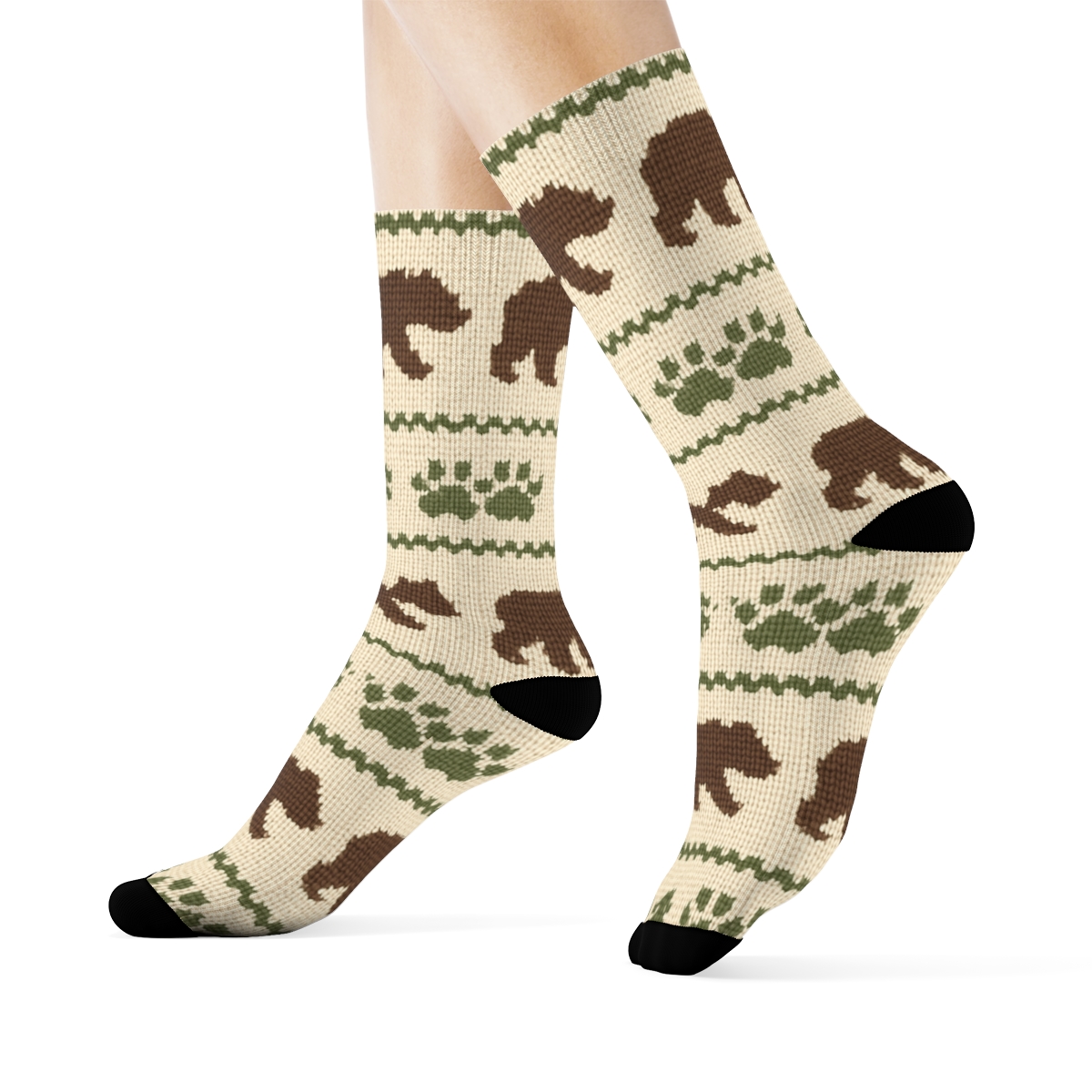 Knitted Bear Cub Parade Bands On Ivory designer printed crew socks
