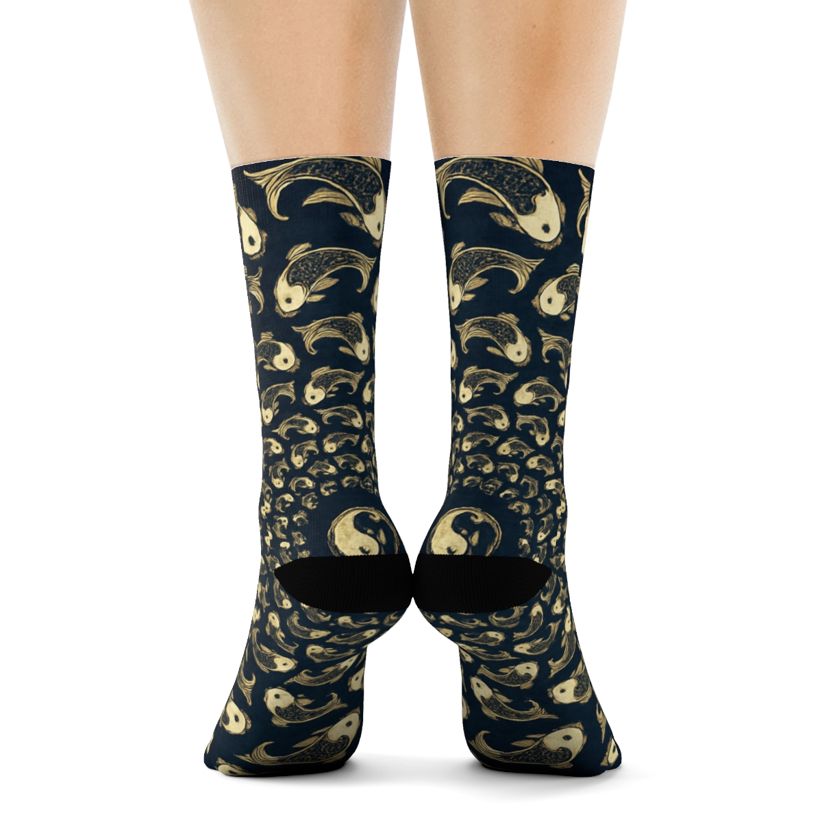Dual Koi Circle Progression On Navy Blue personalized crew socks