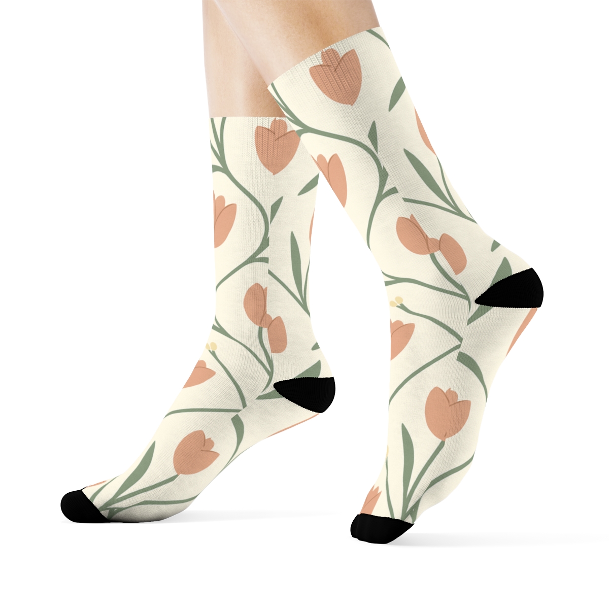 Minimal Tulip Stem Lattice On Warm Ivory Background comfortable cotton crew socks