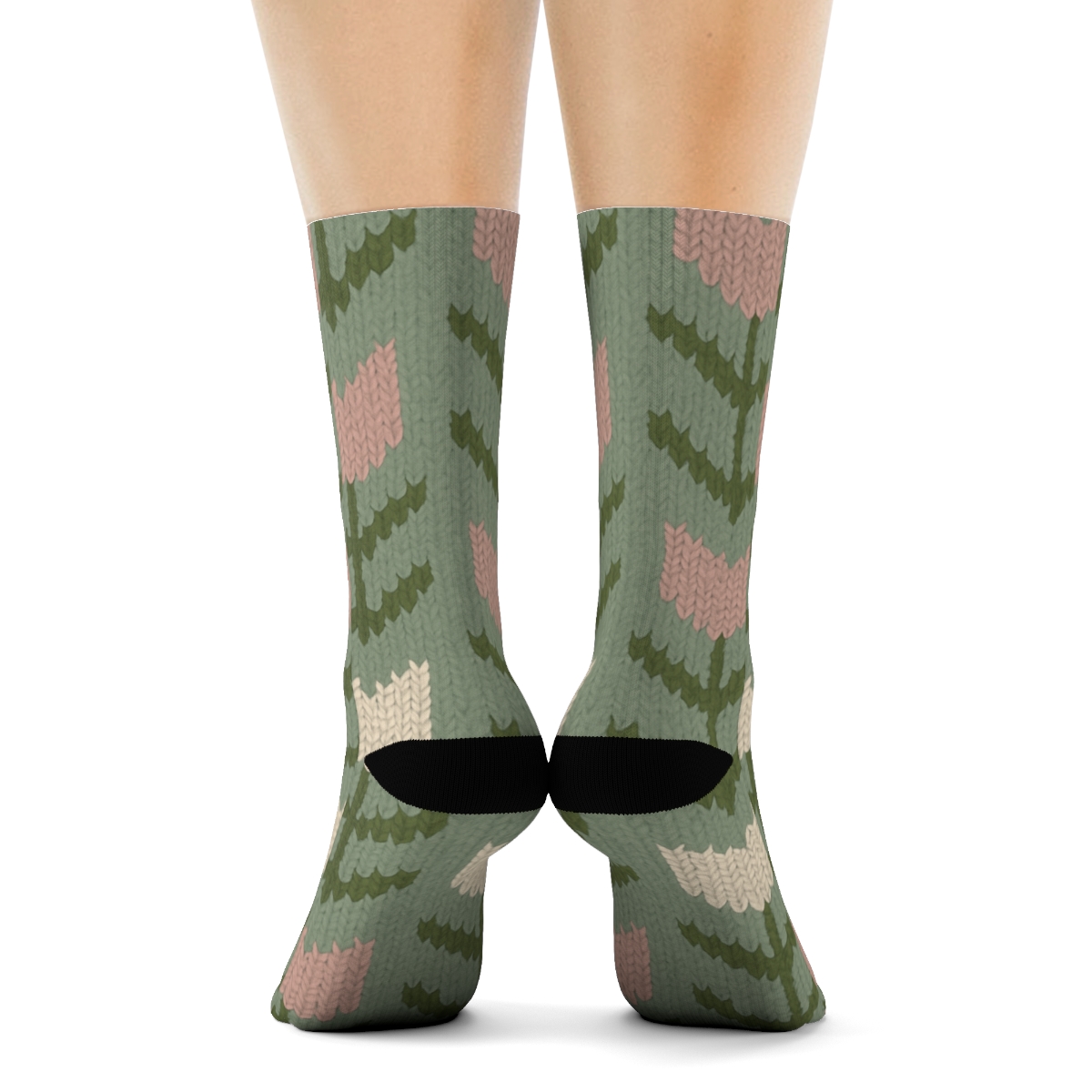 Cream Tulip Knit Chevron On Sage Background premium sports crew socks