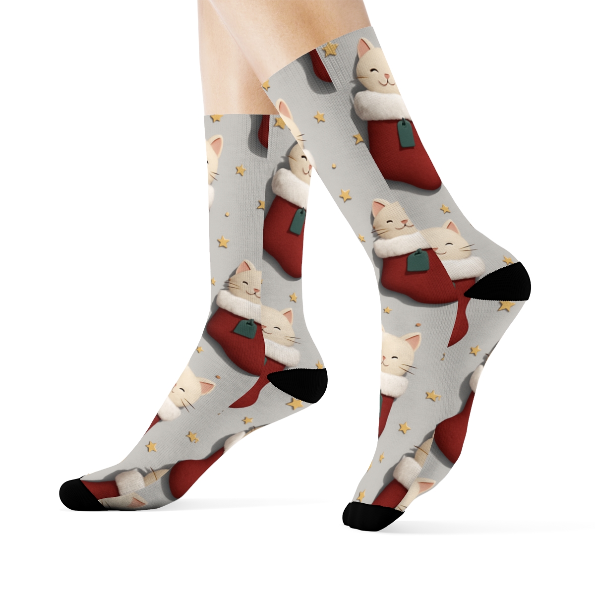 Cat Stocking Stuffer Diagonal Tessellation On Light Gray Background soft everyday crew socks