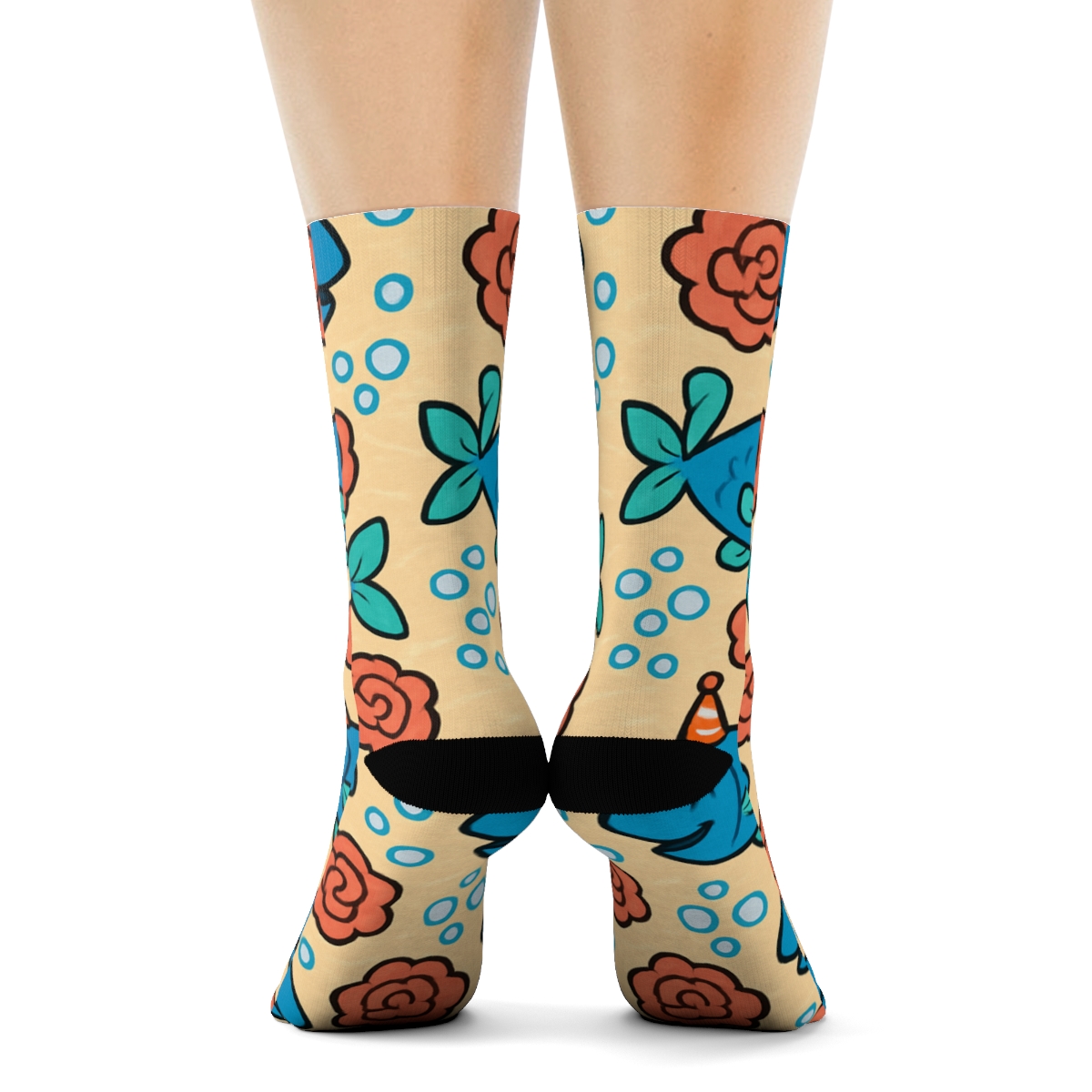 Coral Garden Grid With Fish In Party Hats designer printed crew socks