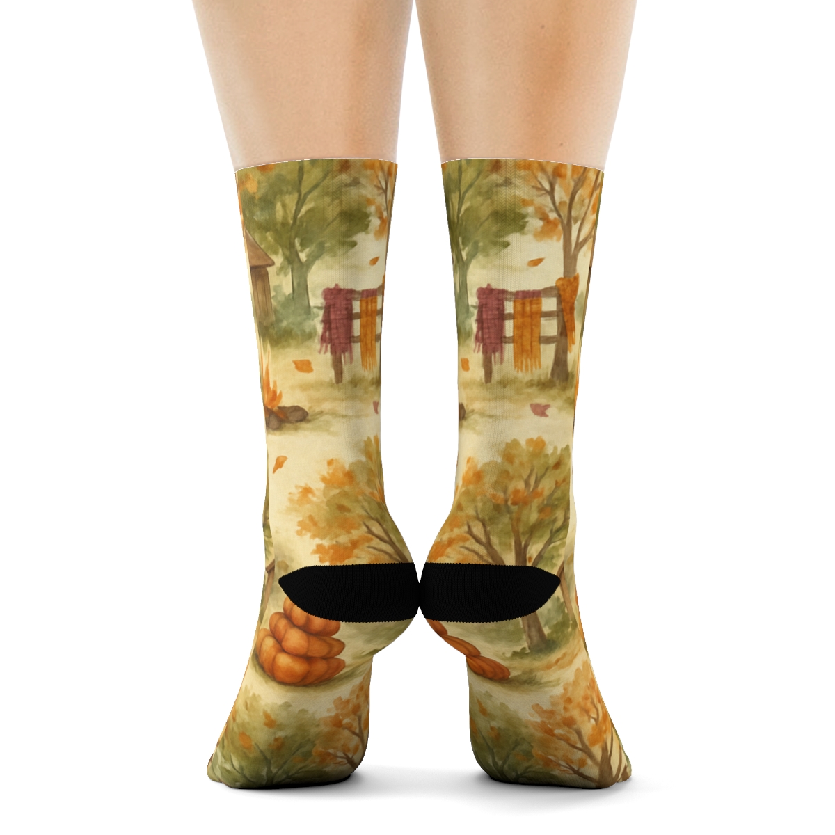 Cozy Cabin Wrap Around Scene On Beige comfortable cotton crew socks