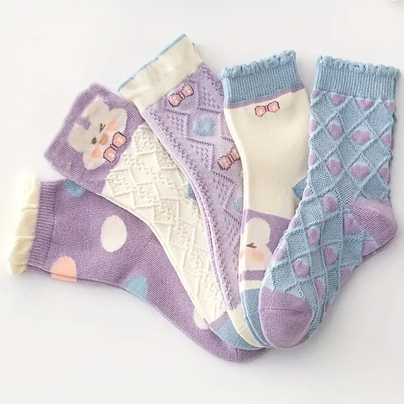 5 pairs girls polka dot rabbit cute pattern socks breathable comfy crew socks childrens trendy socks 5