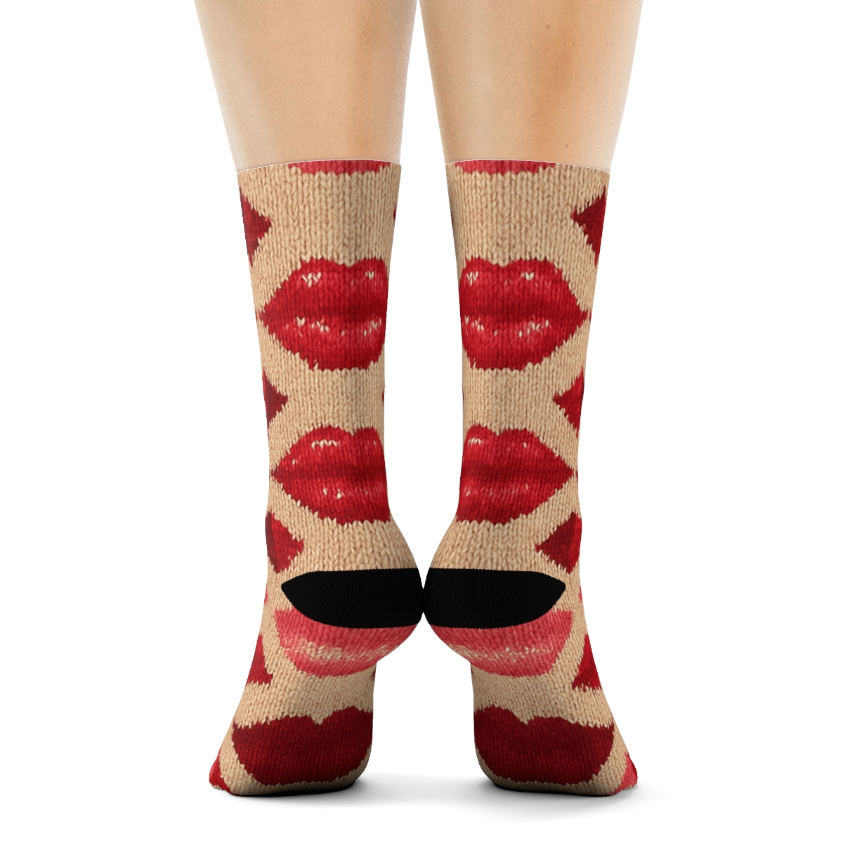 Kiss Mark Knit Illusion Lip Chevron On Warm Beige premium sports crew socks