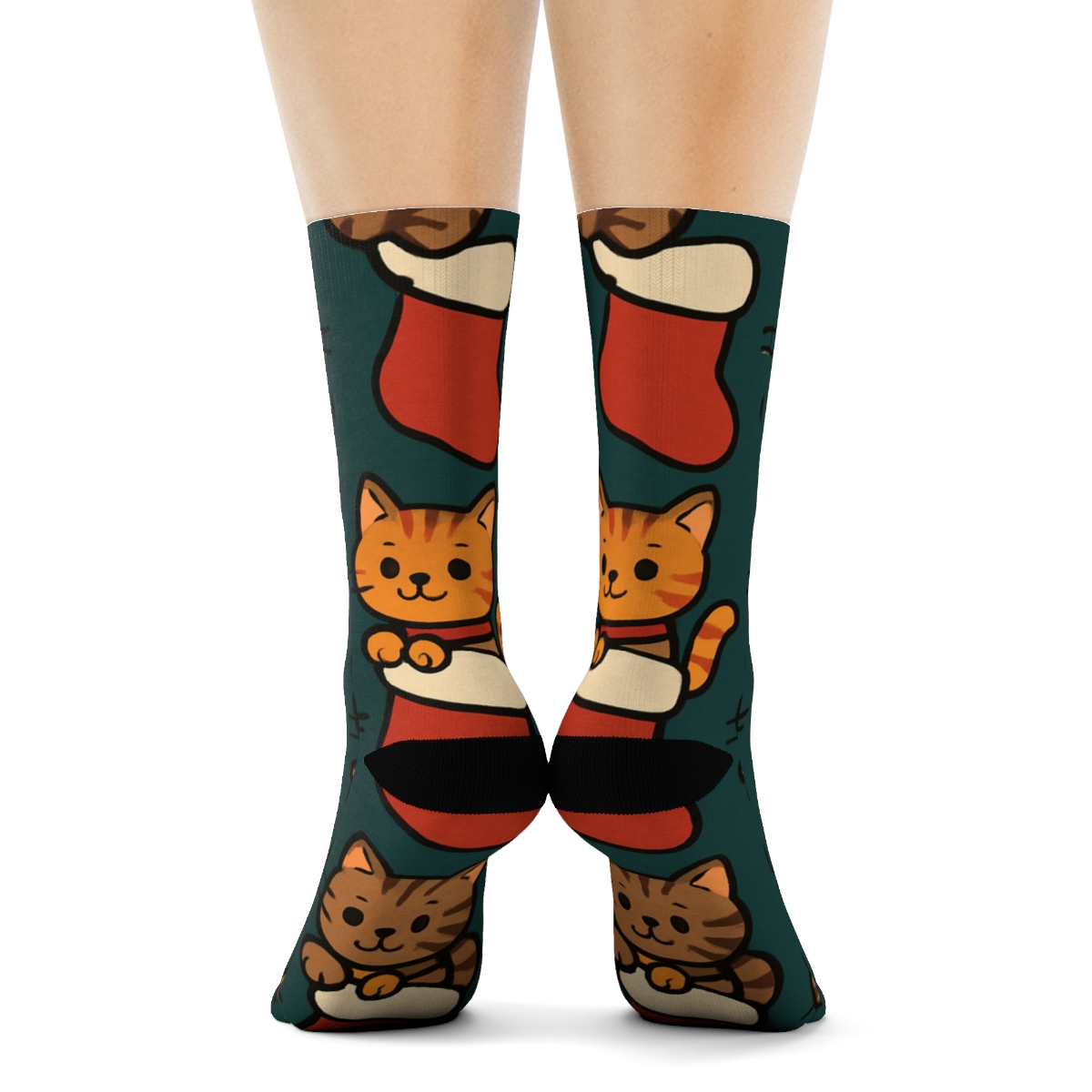 Festive Cat In Stocking Repeat comfortable cotton crew socks