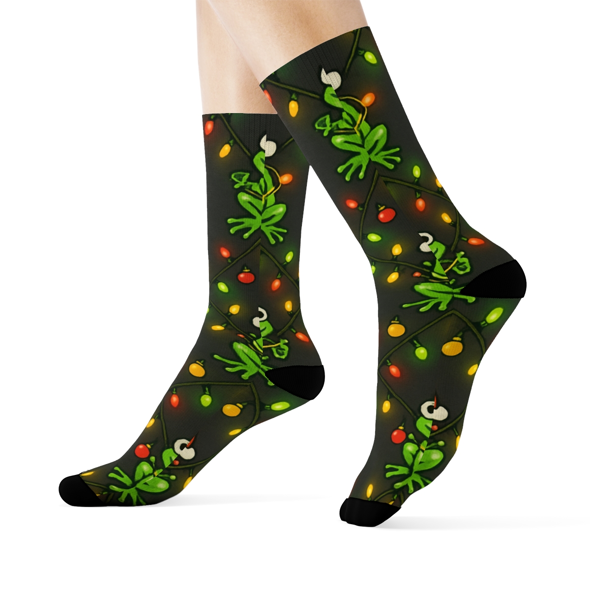 Festive Frog Christmas Lights Lattice designer printed crew socks