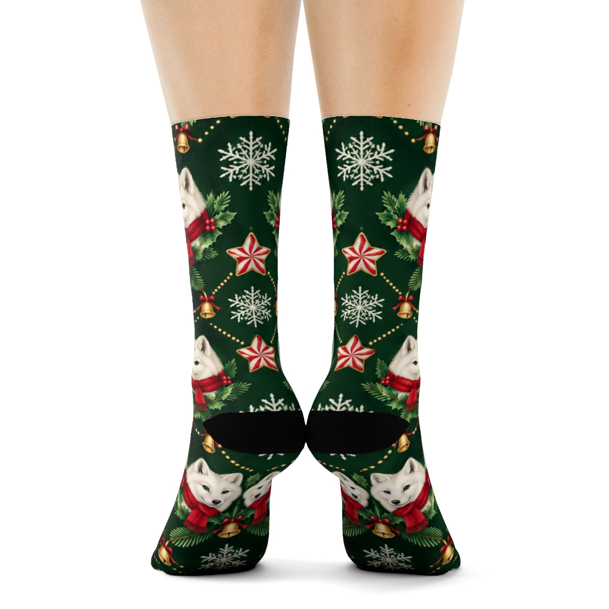 Polar Fox Peppermint Star Lattice On Evergreen Background personalized crew socks [AI-a6fcac83-d93c2999f15e]