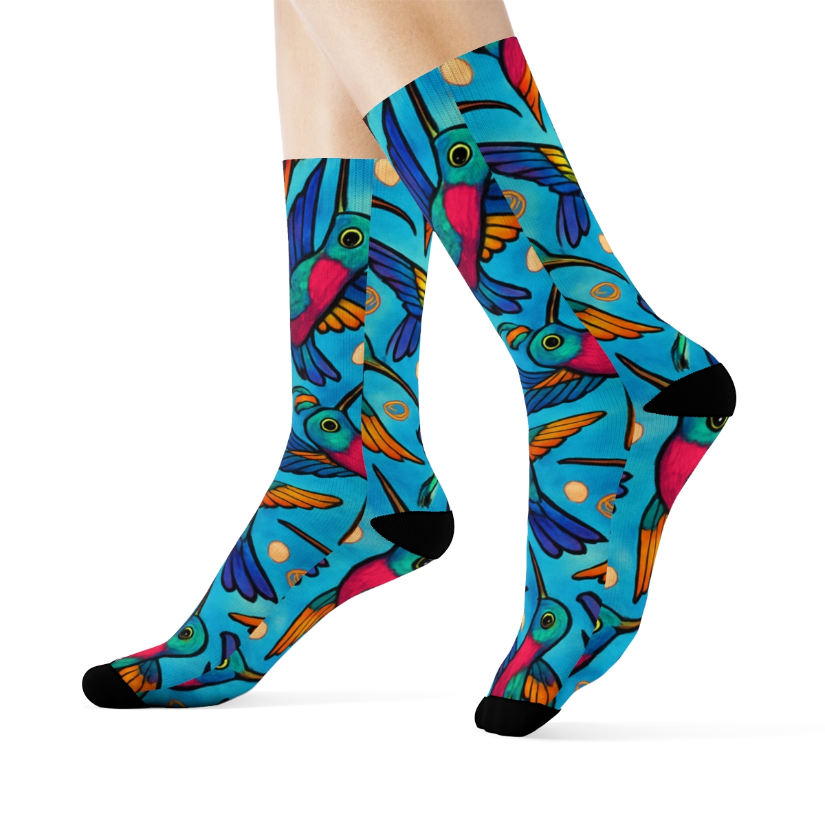 Teal Hummingbird Spiral Tessellation On Sky Blue Background comfortable cotton crew socks