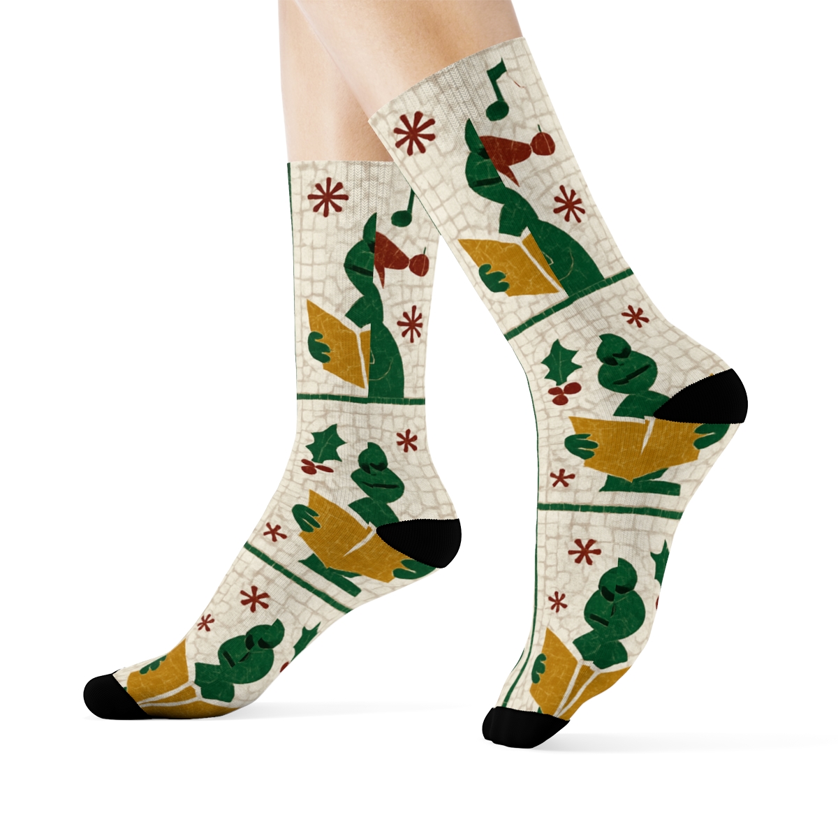 Frog Caroler Tile Mosaic soft everyday crew socks
