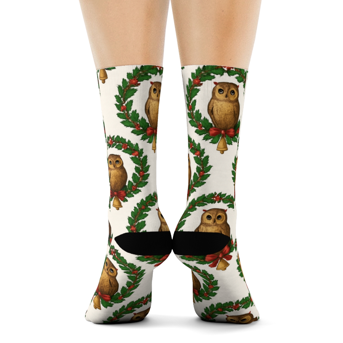 Holly Owl Wreath Ring Repeat On Snow White Background unique graphic crew socksHolly Owl Wreath Ring Repeat on Snow White Background Crew Socks - Image 4