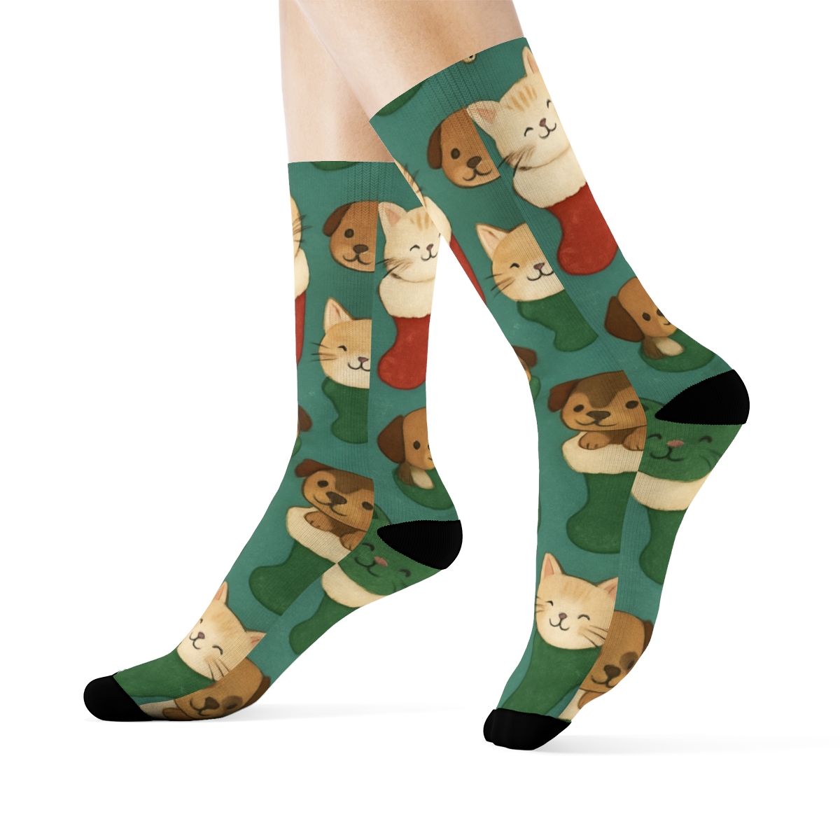 Holiday Pets In Stockings Scatter With Rhythm designer printed crew socks