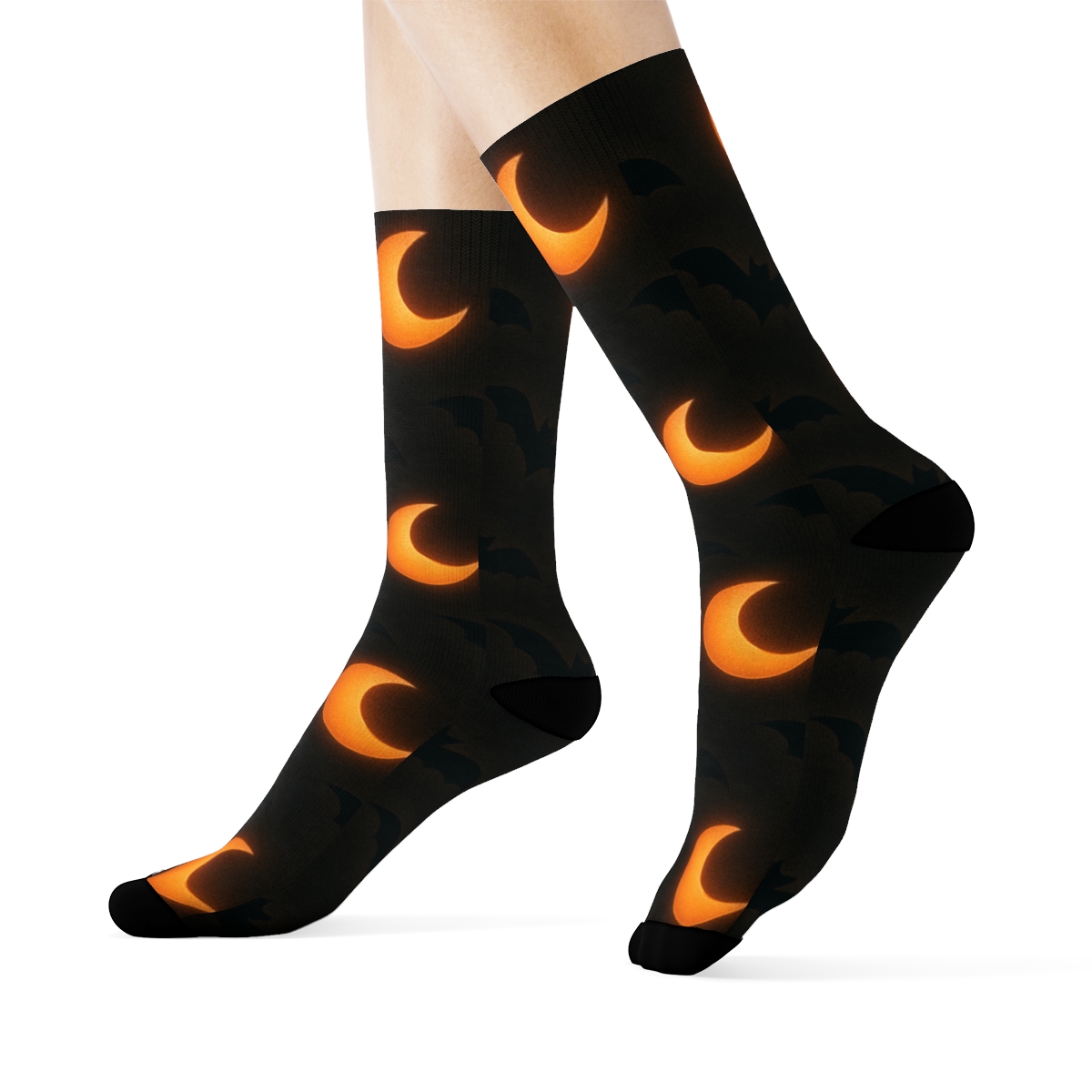 Flying Bat And Orange Moon Glow Repeat On Black Background soft everyday crew socks