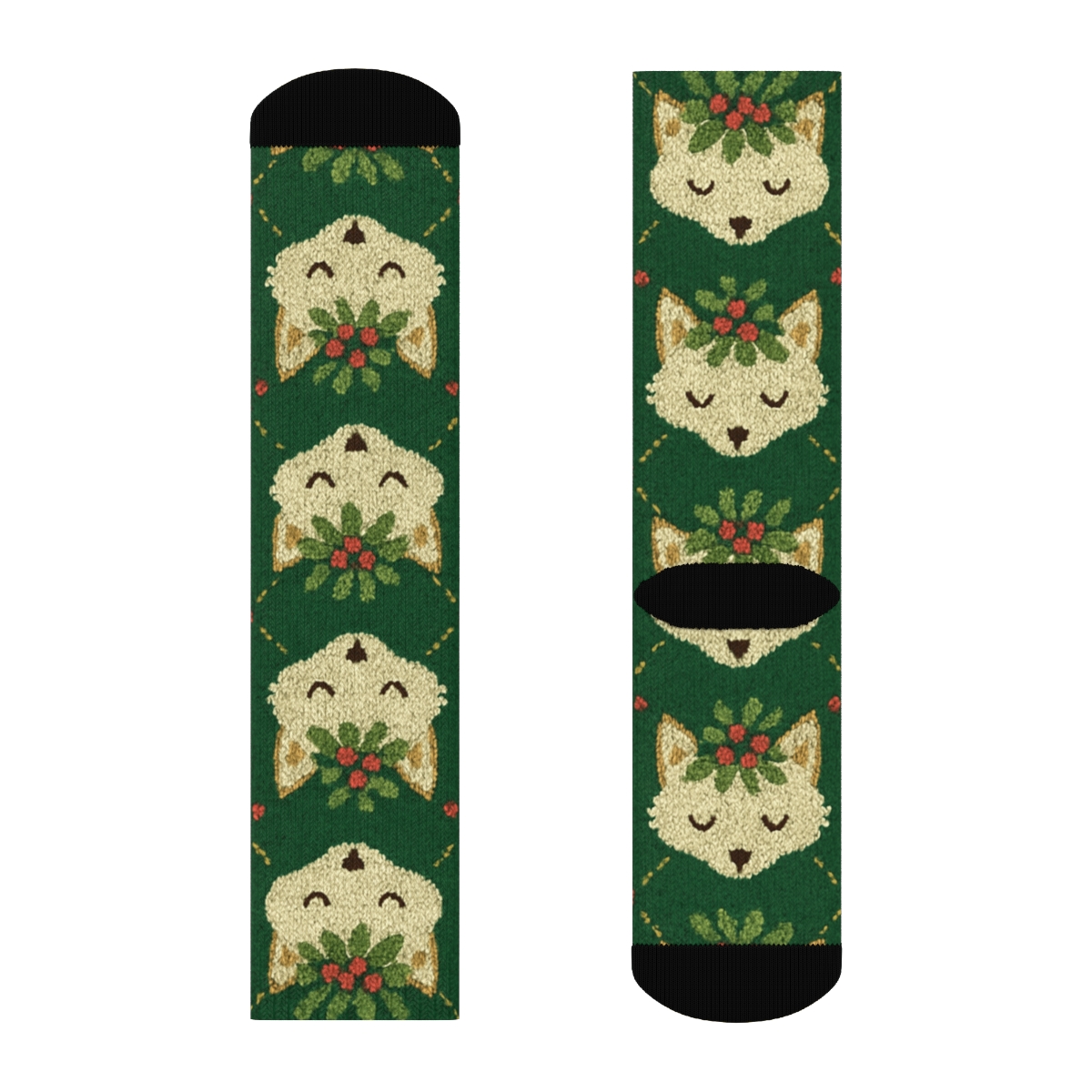 Fox And Mistletoe Grid On Forest Green Background comfortable cotton crew socks