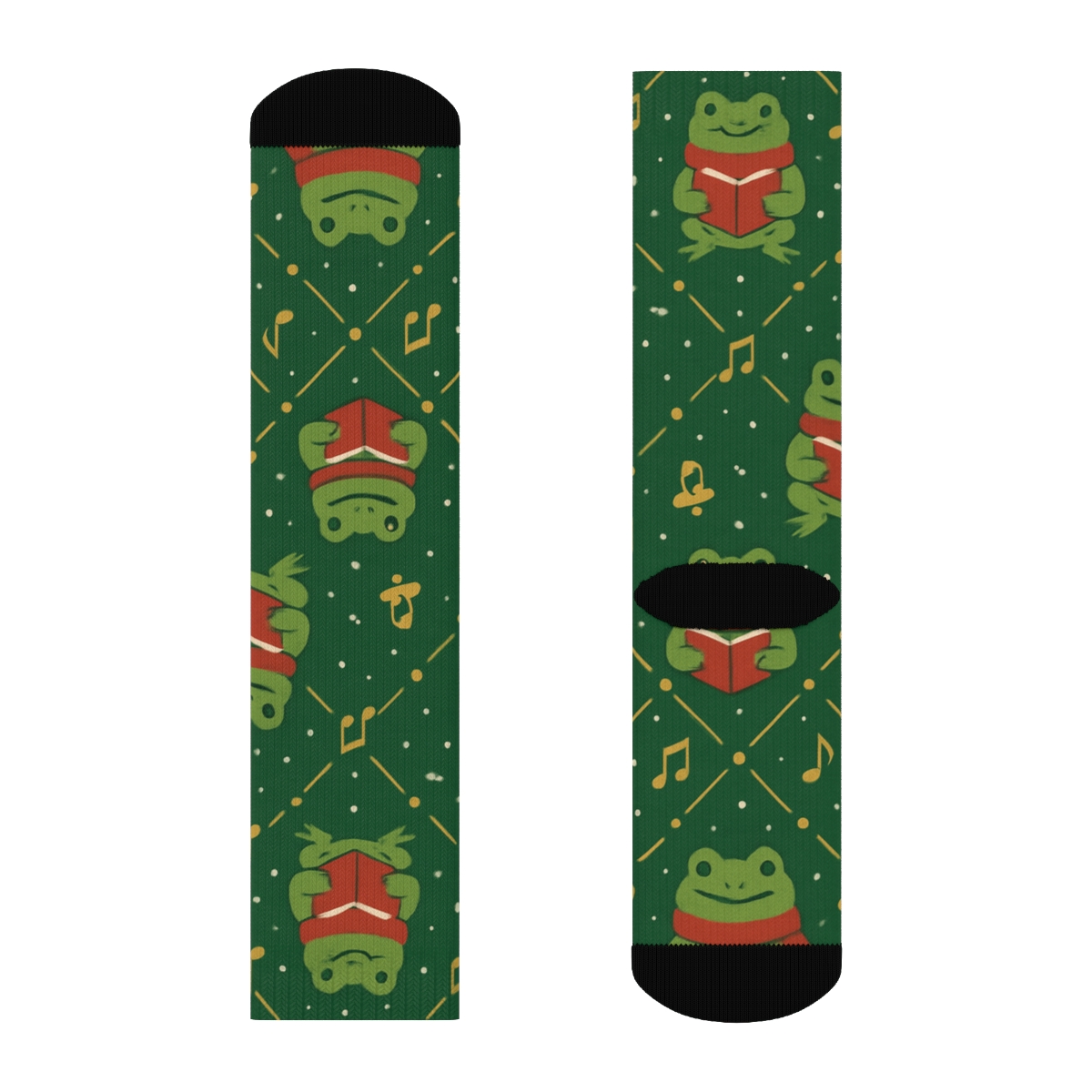 Frog Caroler Music Note Lattice On Pine Green Background unique graphic crew socks