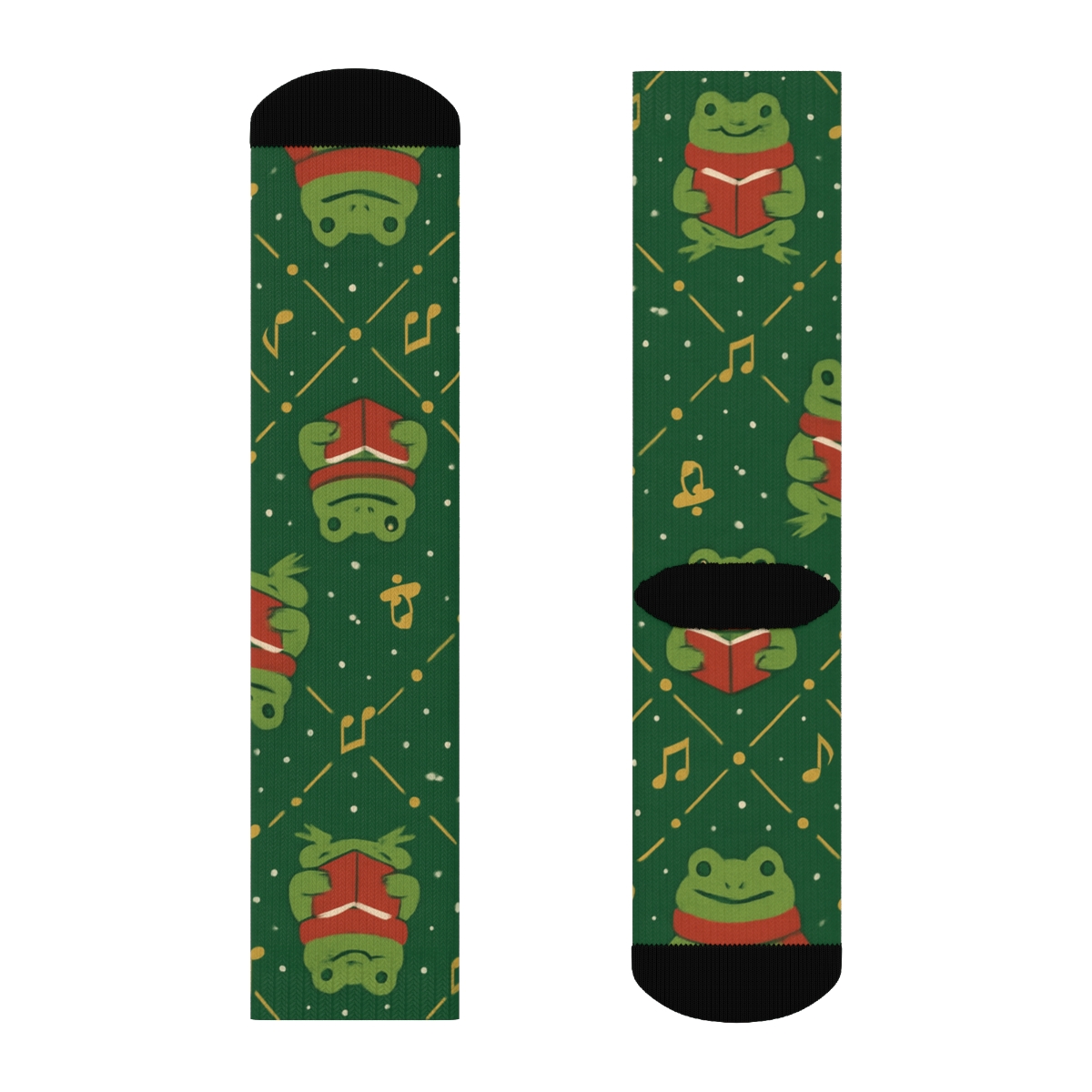 Frog Caroler Music Note Lattice On Pine Green Background unique graphic crew socks