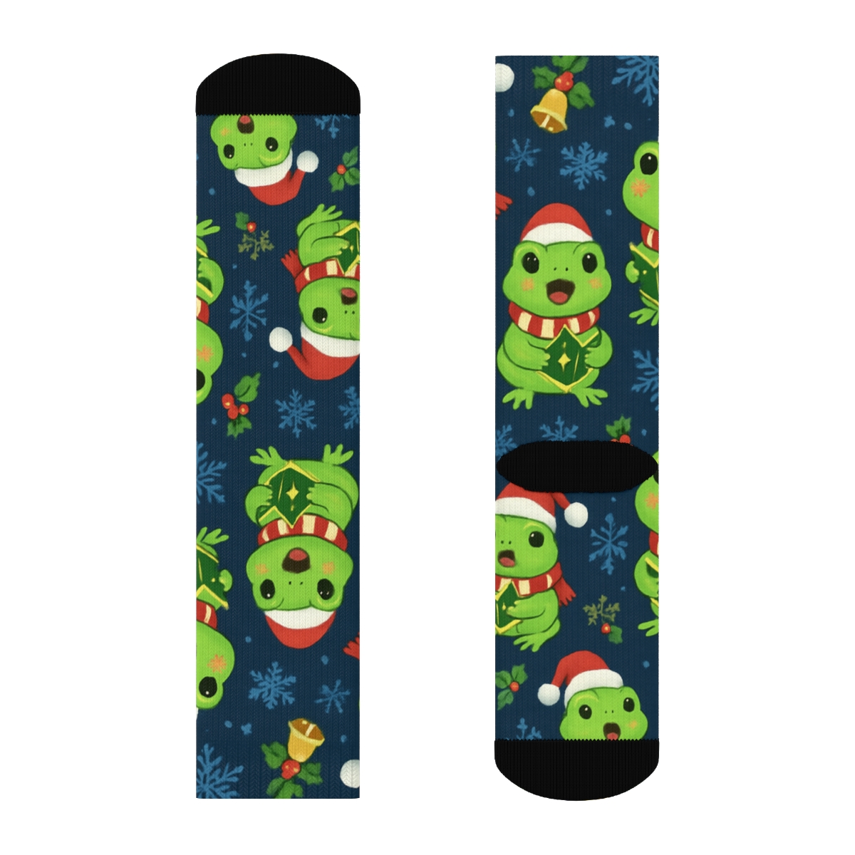 Frog Caroler Snowflake Scatter On Midnight Blue Background designer printed crew socks