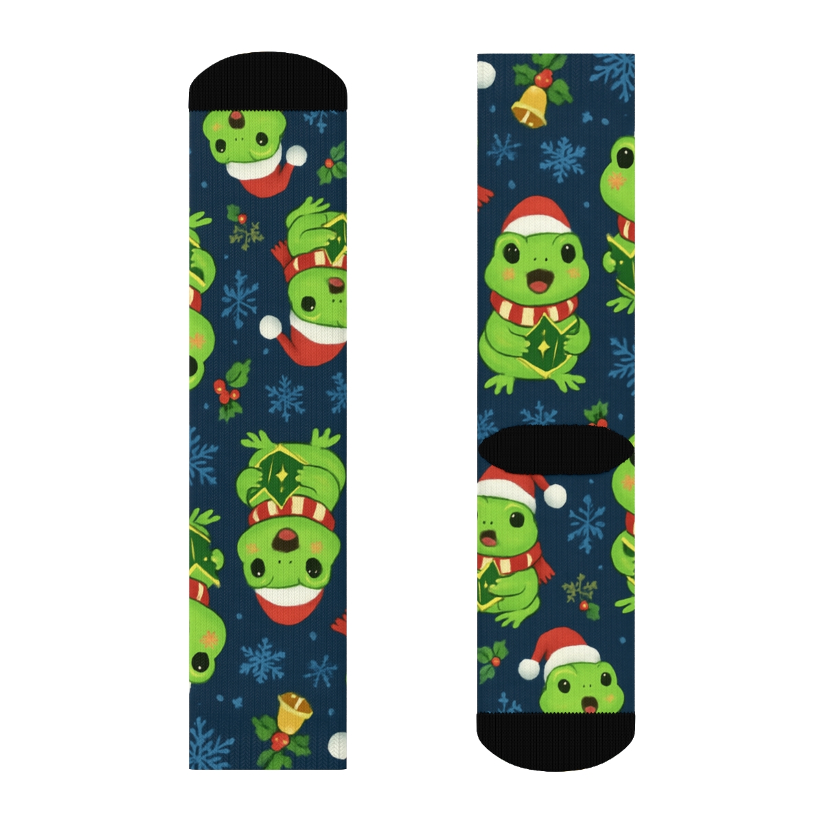 Frog Caroler Snowflake Scatter On Midnight Blue Background designer printed crew socks