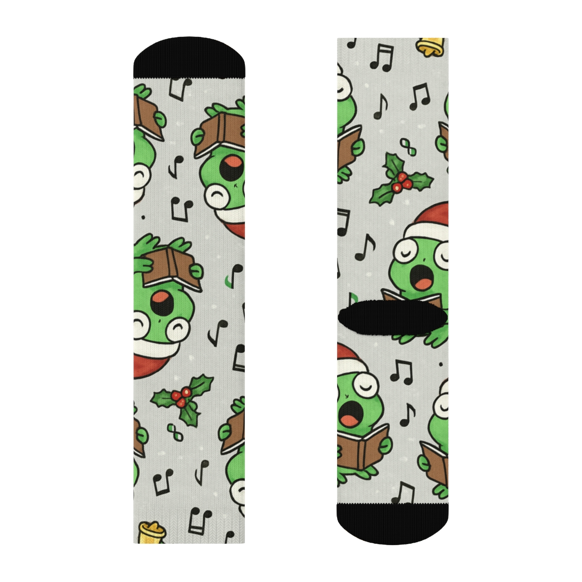 Frog Carolers Scatter On Light Gray Background custom crew socks