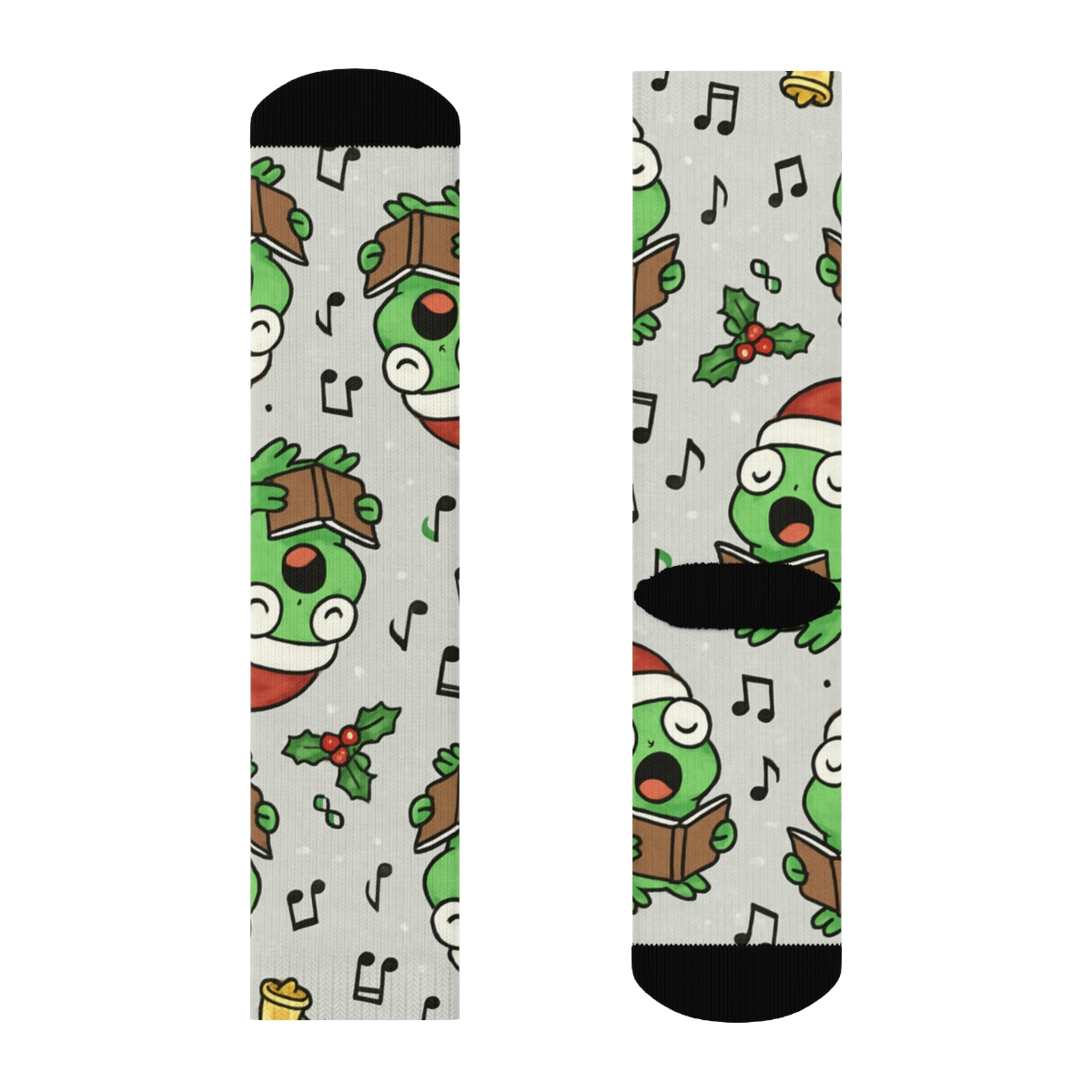 Frog Carolers Scatter On Light Gray Background custom crew socks