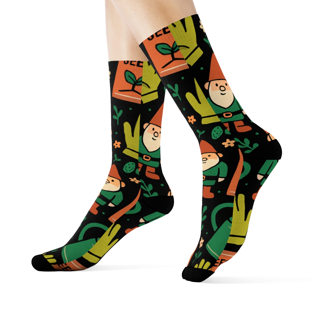 Gardener Gnome Watering Can Tessellation designer printed crew socks