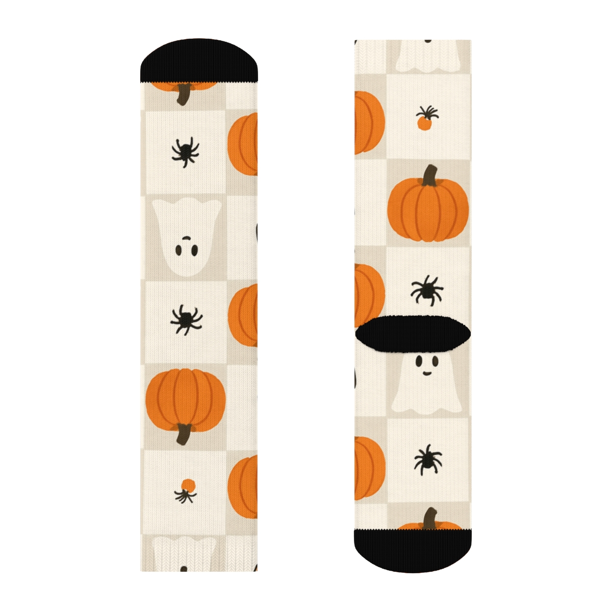 Ghost And Orange Pumpkin Alternating Check On Neutral Background custom crew socks