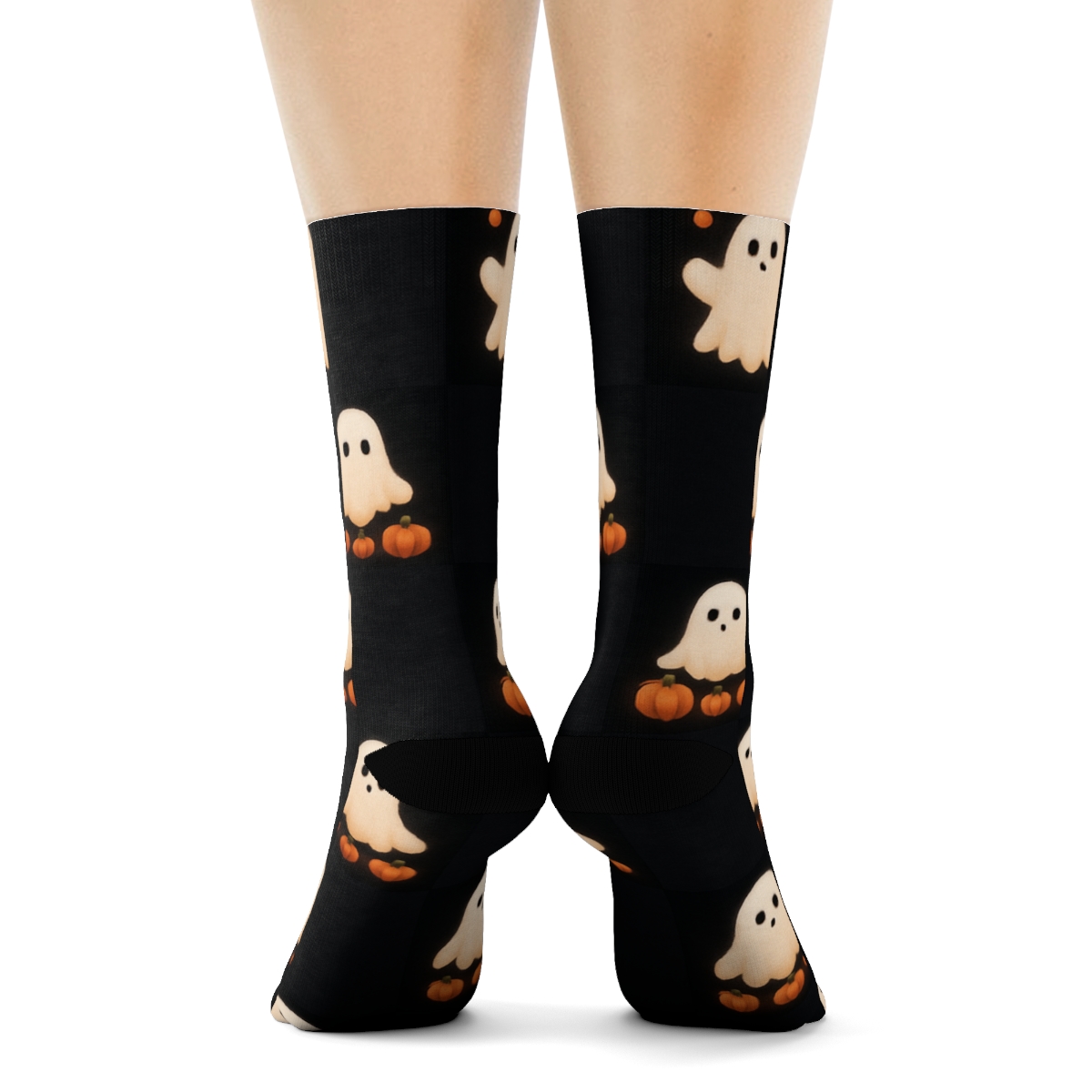 Ghost And Pumpkin Checkerboard On Black Background personalized crew socks