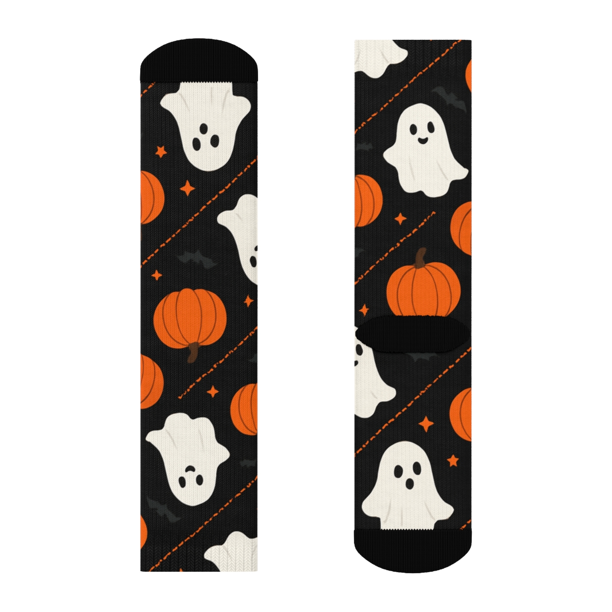 Ghost And Pumpkin Diagonal Chain On Black Background designer printed crew socks