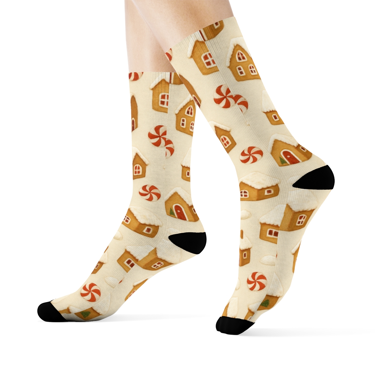 Gingerbread Village Scatter designer printed crew socks