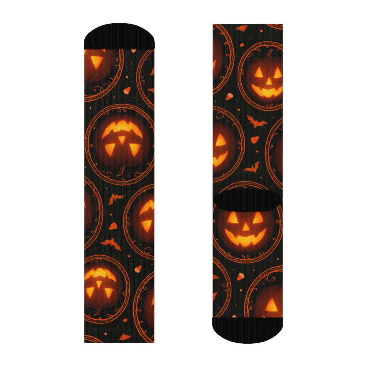 Glowing Jack O Lantern Medallion Tiles On Black Background unique graphic crew socks