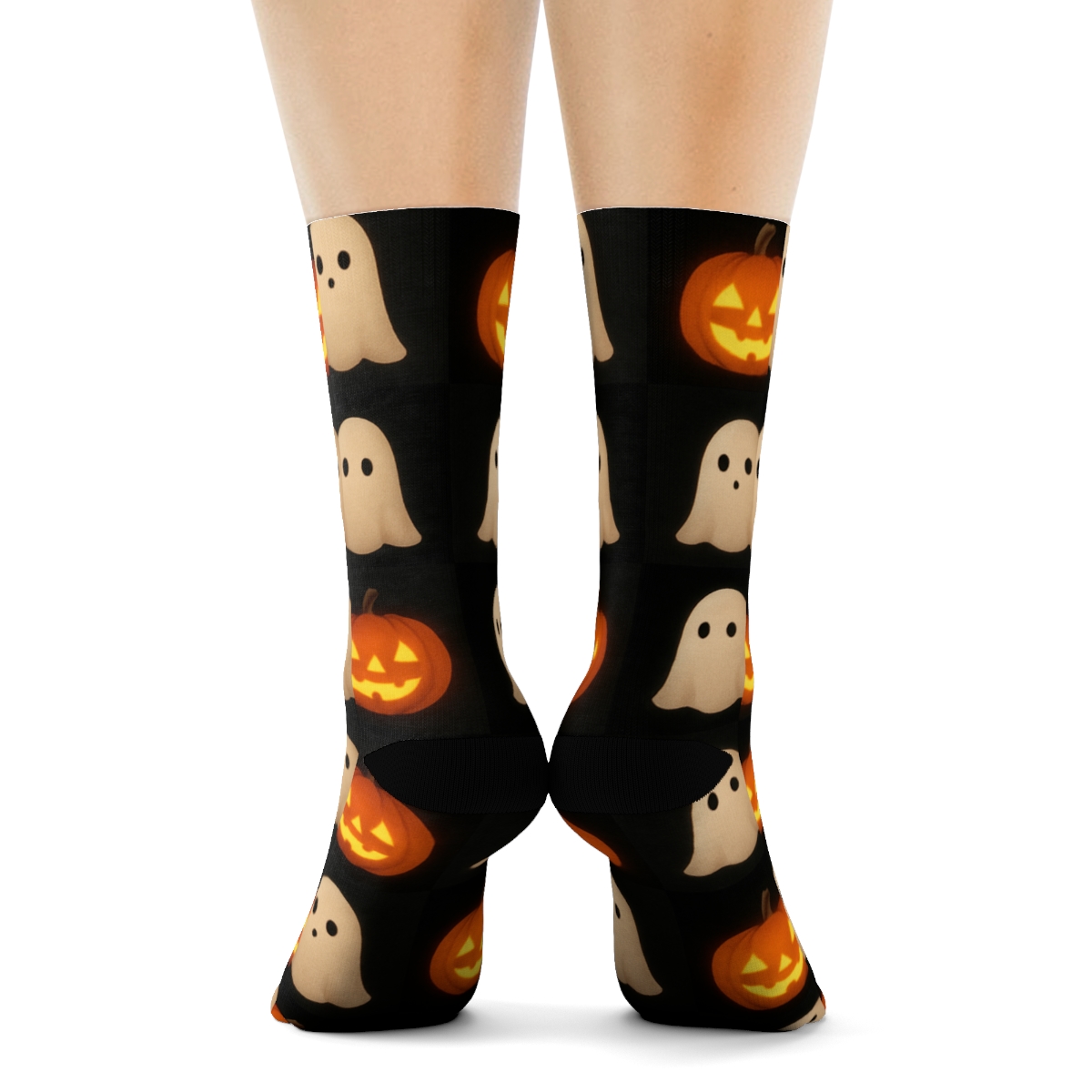 Glowing Pumpkin And Ghost Checkerboard On Black Background comfortable cotton crew socks