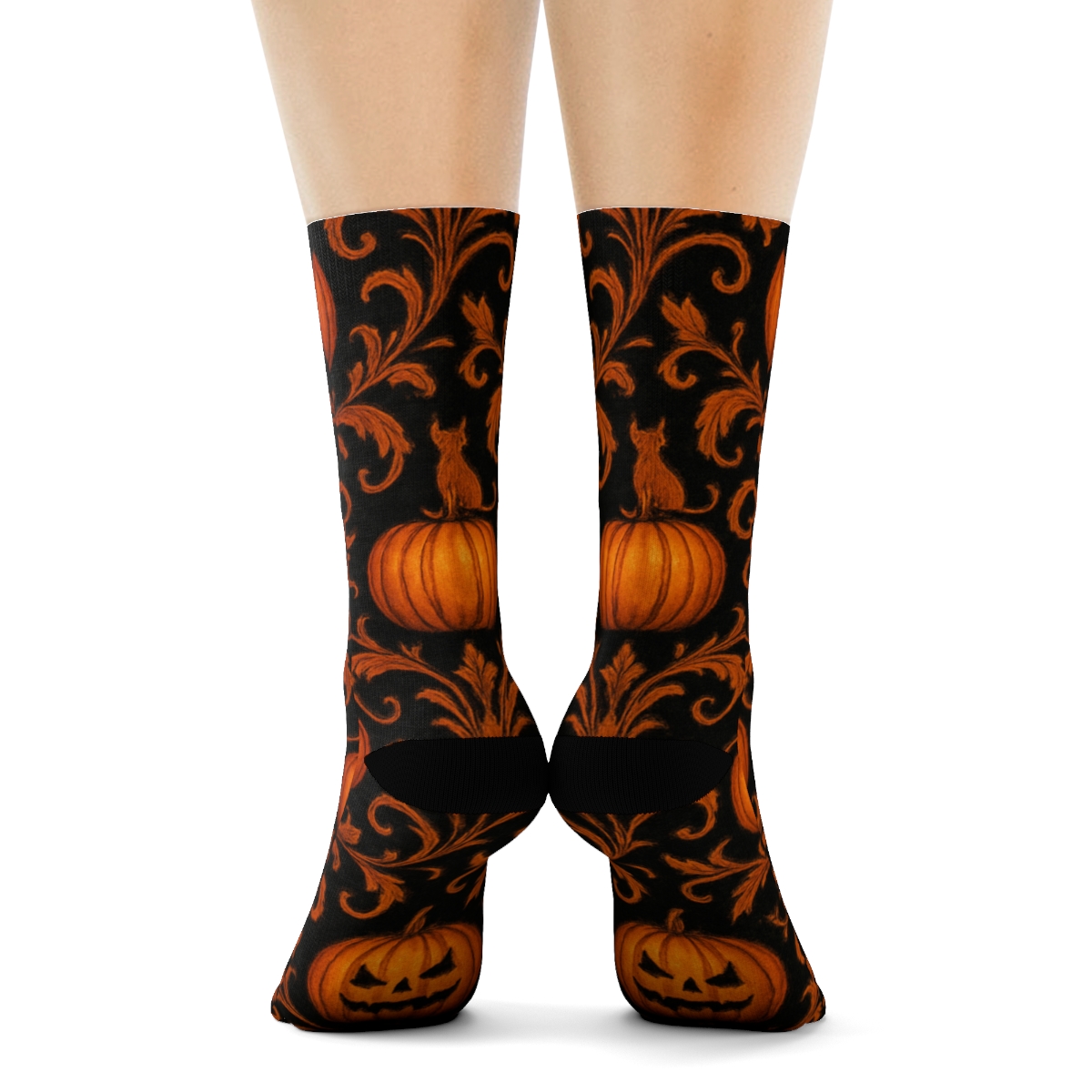 Glowing Pumpkin Damask On Black Background soft everyday crew socks