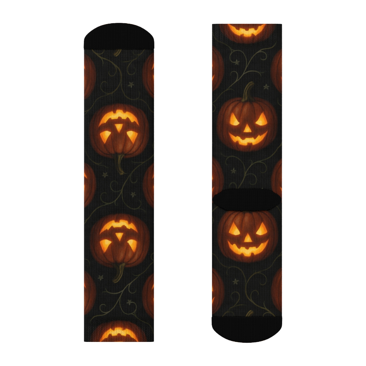 Glowing Pumpkin Tessellation On Black Background designer printed crew socks