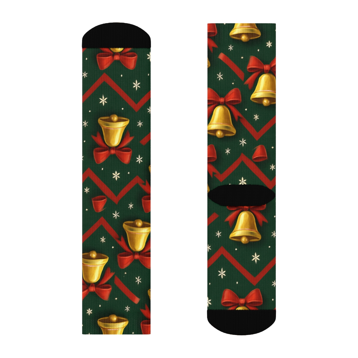 Golden Holiday Bells Chevron On Dark Forest designer printed crew socks