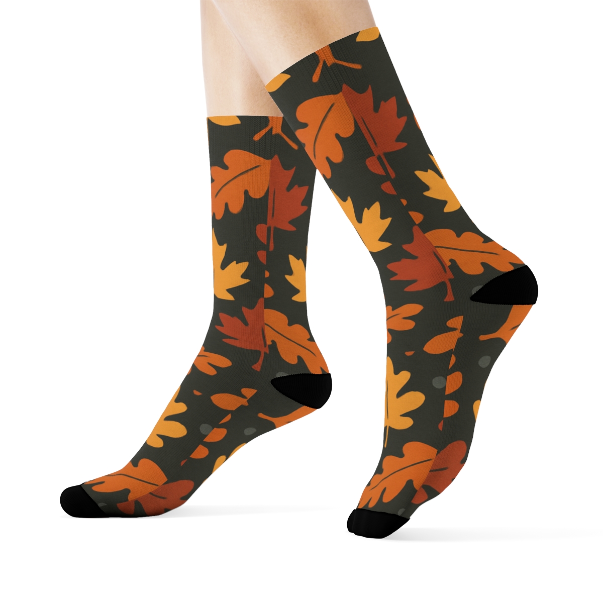 Golden Leaf Silhouette Wave On Charcoal Background trendy patterned crew socks