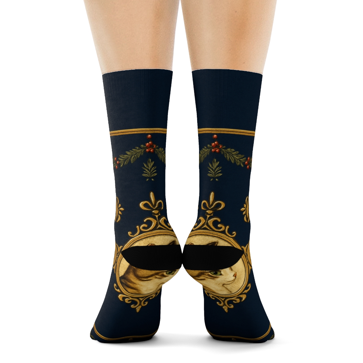 Golden Ornament Cat Parade designer printed crew socks