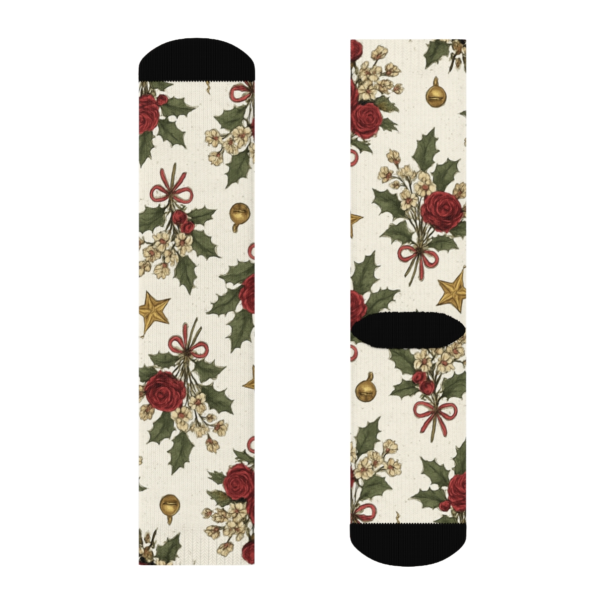 Golden Starberry Roses Scatter On Snow White Background personalized crew socks