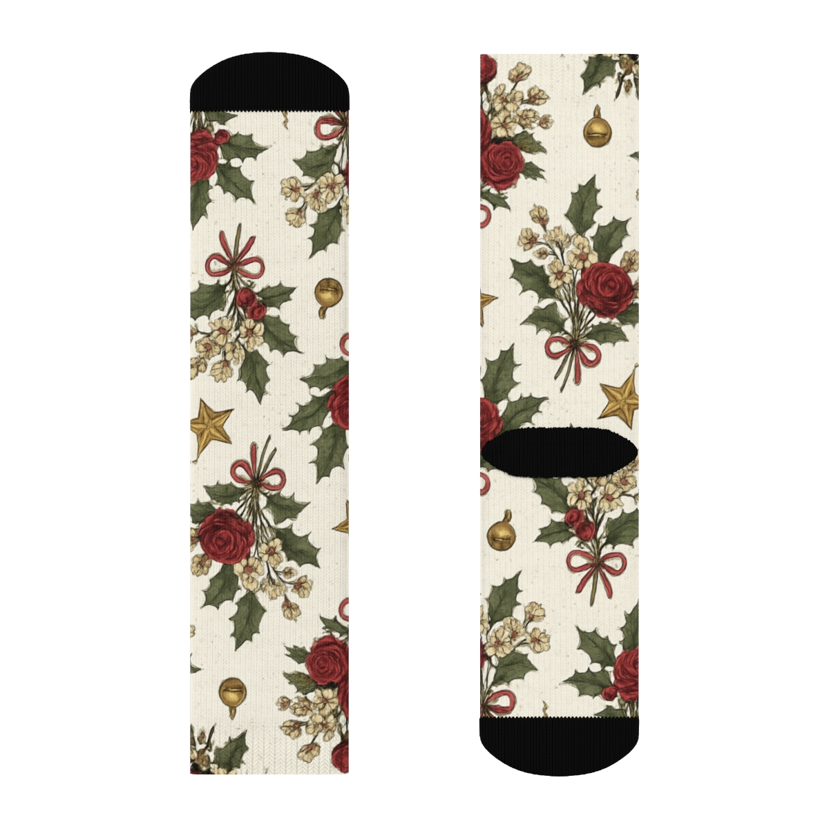 Golden Starberry Roses Scatter On Snow White Background personalized crew socks