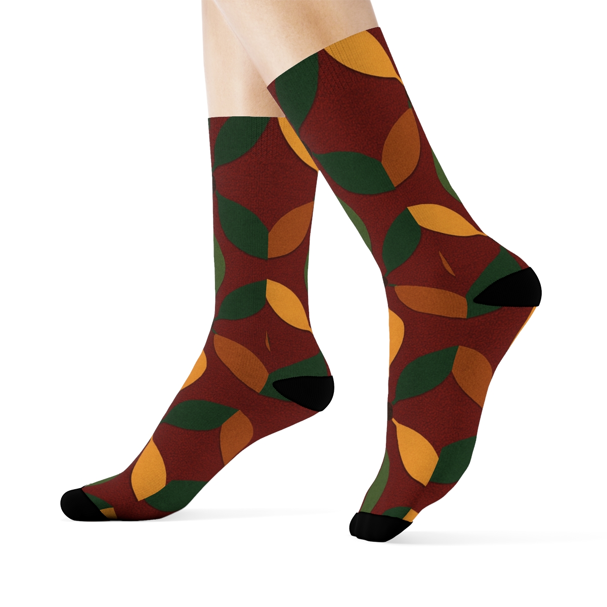 Golden Yellow Leaf Silhouette Lattice On Deep Red Background comfortable cotton crew socks